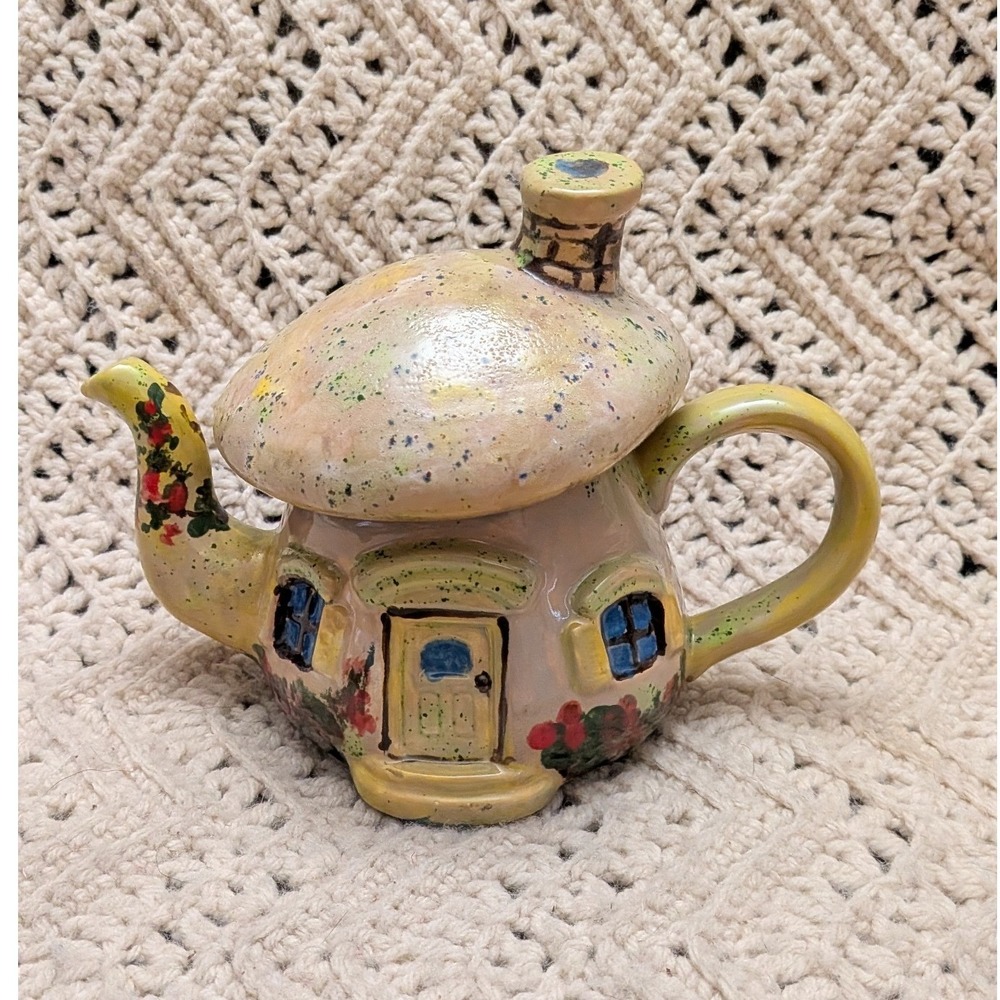 Vintage Ceramic Mushroom House Teapot Fairy Cottagecore Hand Painted Toadstool